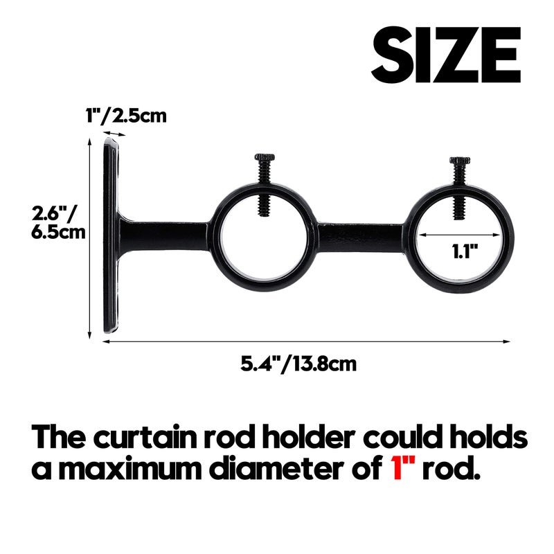 AddGrace 2 Pack Double Curtain Rod Brackets 1 Inch Curtain Rod Holders for Bedroom Living Room (Black) - Image 2